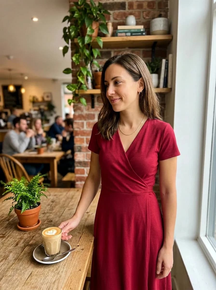Real customer wearing a virtual try-on rendered red dress